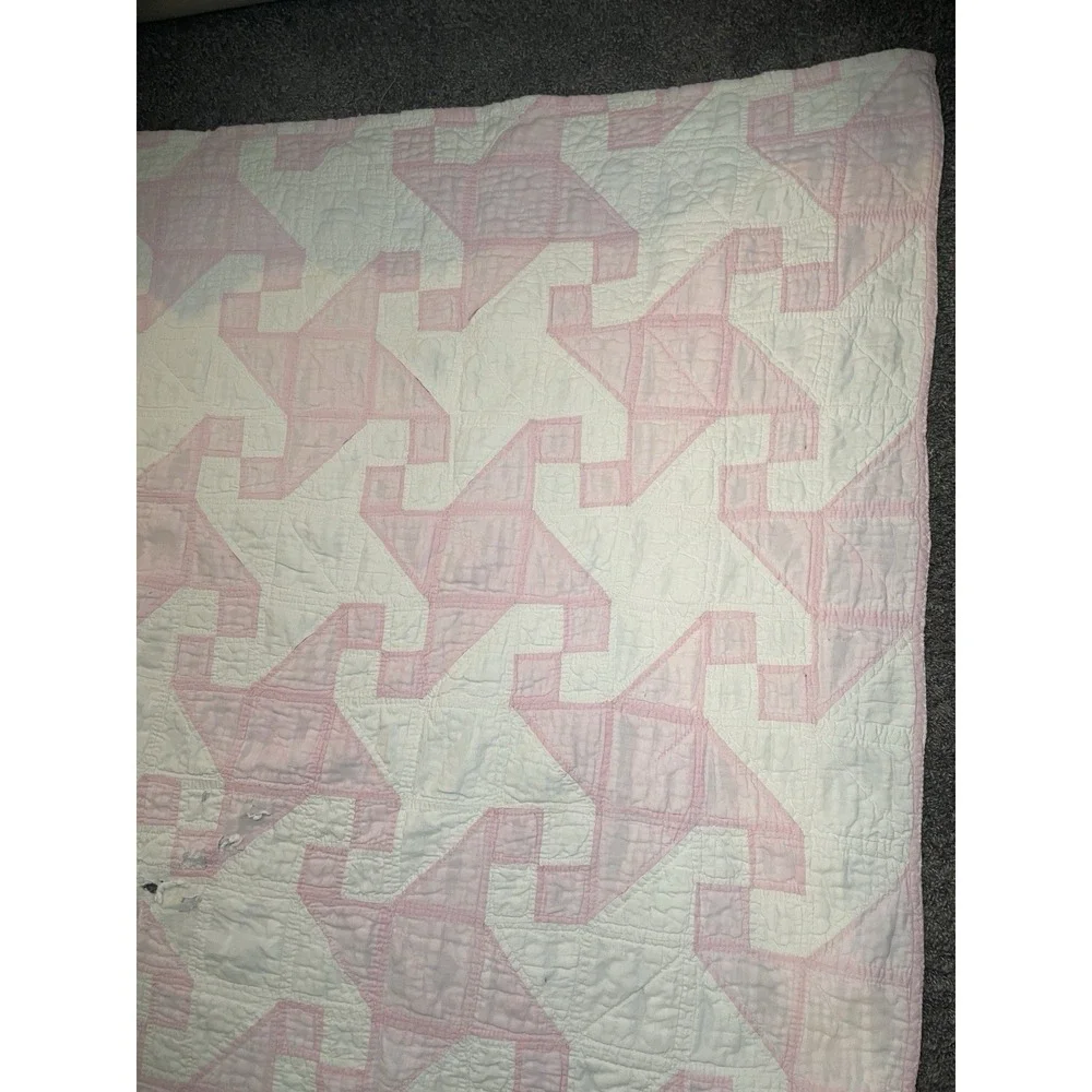 VTG ANTIQUE HANDMADE QUILT 69x69 Drunkard's Path Pink White Cottage 1920's Loved